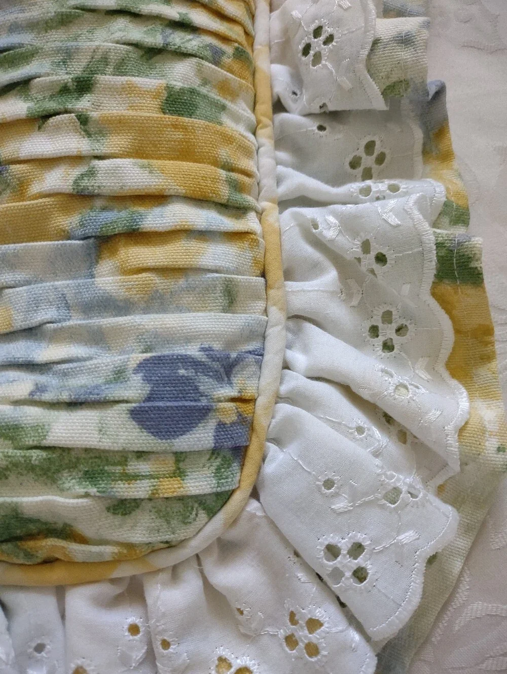 Vintage Pleated Plisse Floral Romantic Garden Embroidered Ruffled Pillow Sham